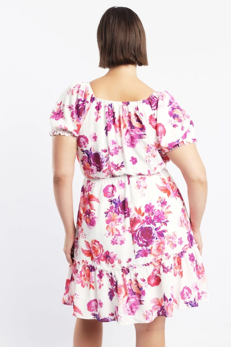 Pink Floral Frill Drawstring Bust Detail Mini Dress Effortless Touch