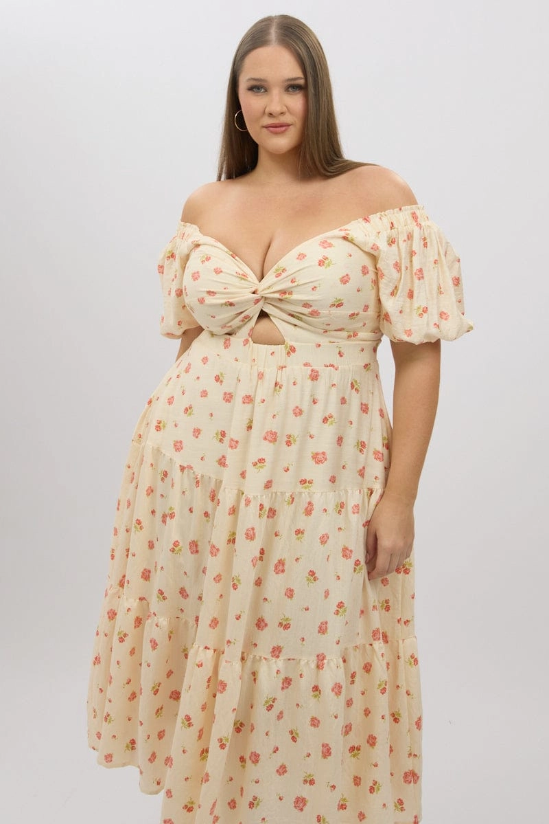 Detachable-Detail Fresh Flow Pink Floral Midi Dress Short Sleeve Floral Twist Front