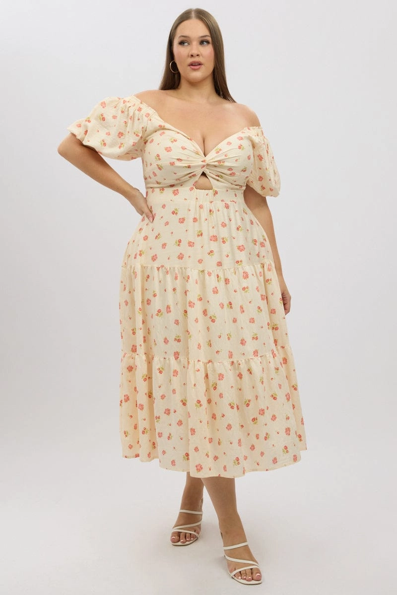 Pink Floral Midi Dress Short Sleeve Floral Twist Front Flattering Comfort Wear Fall Ready