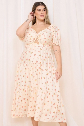 Sweetheart-Neck Delicate Finish Pink Floral Midi Dress Short Sleeve Floral Twist Front