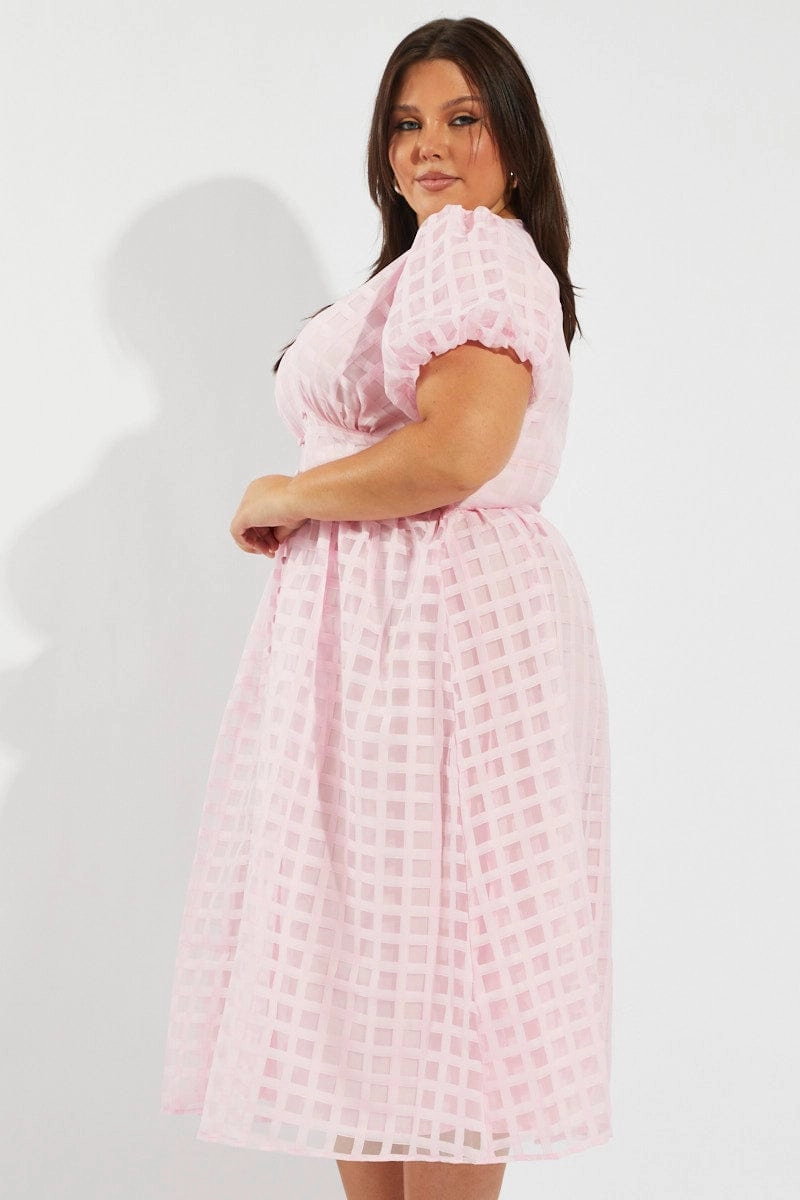 Pink Grid Check Midi Dress Evening Tone