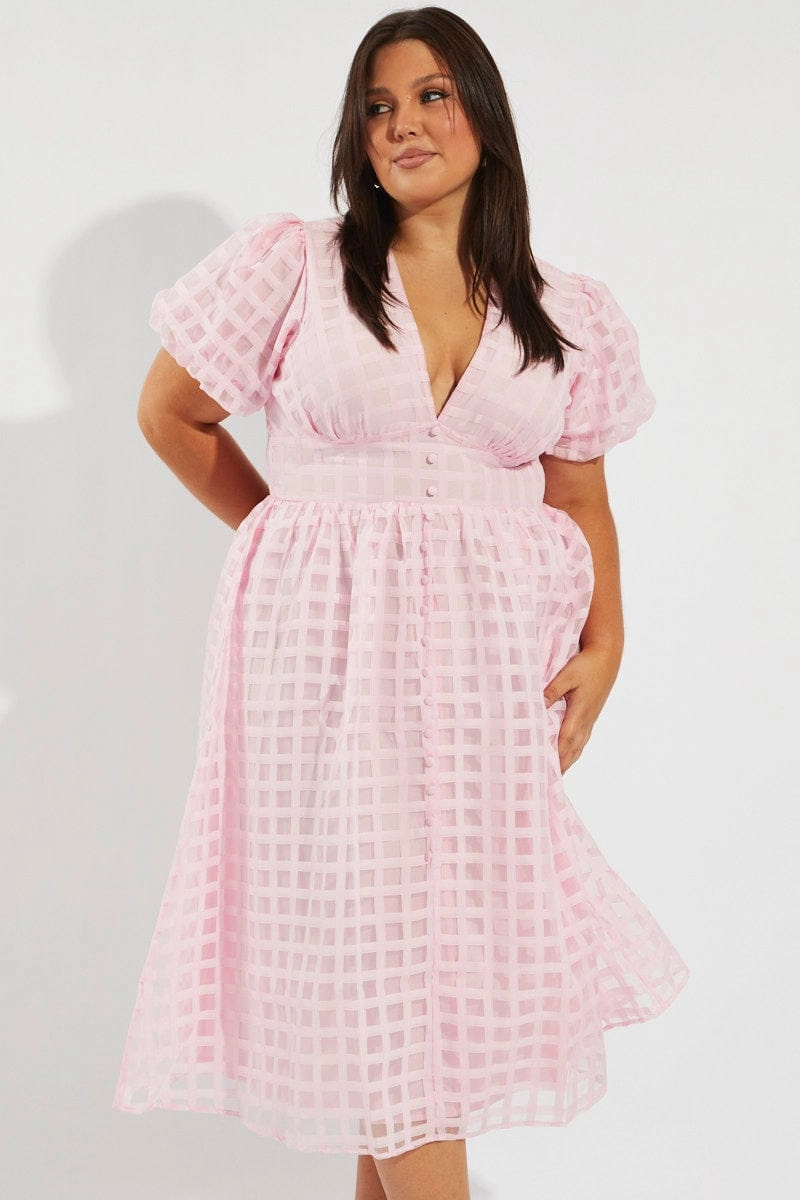 Flexible Fit Understated Charm Pink Grid Check Midi Dress