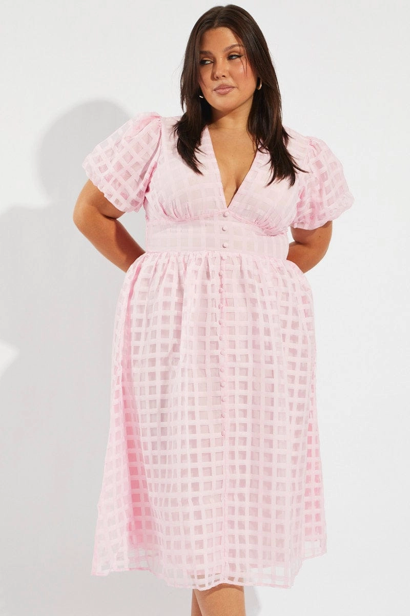 Pink Grid Check Midi Dress Easy Comfort Look