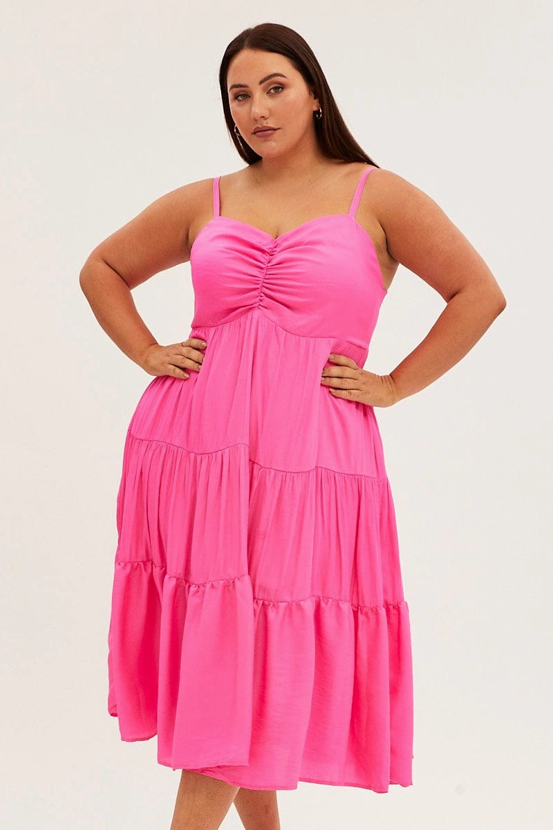 Textured Layers Pink Midi Dress Gather Bust Detail Strappy Matte Satin