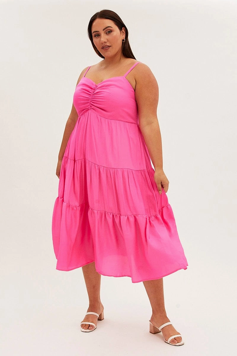 Event Favorite Pink Midi Dress Gather Bust Detail Strappy Matte Satin