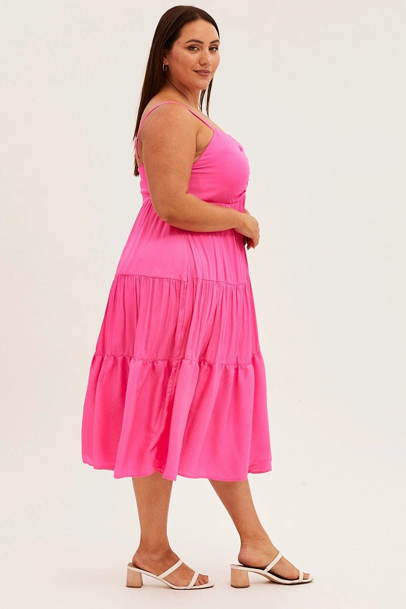 Pink Midi Dress Gather Bust Detail Strappy Matte Satin Life Soft Matte-Lining