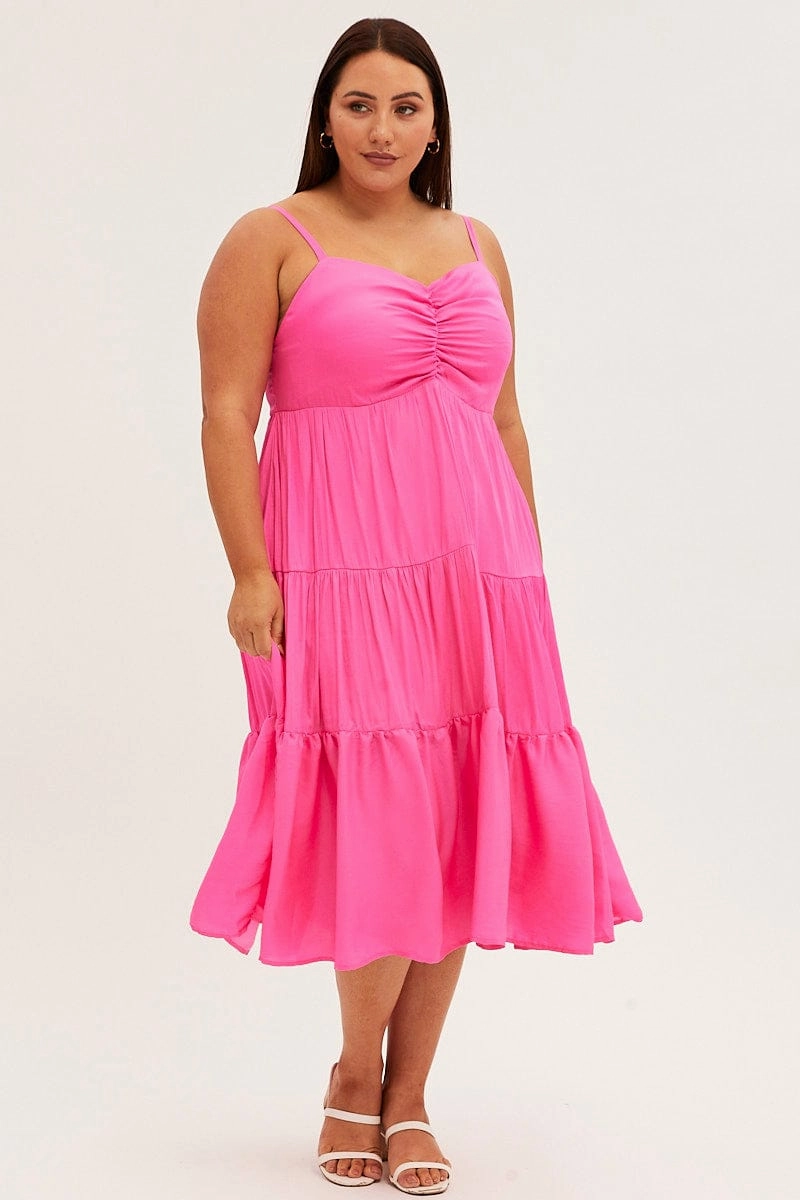 Japan Cool Pink Midi Dress Gather Bust Detail Strappy Matte Satin