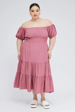 Go To Wear Street Mood Pink Midi Dress Off Shoulder Elastic Waist Puff Sleeve