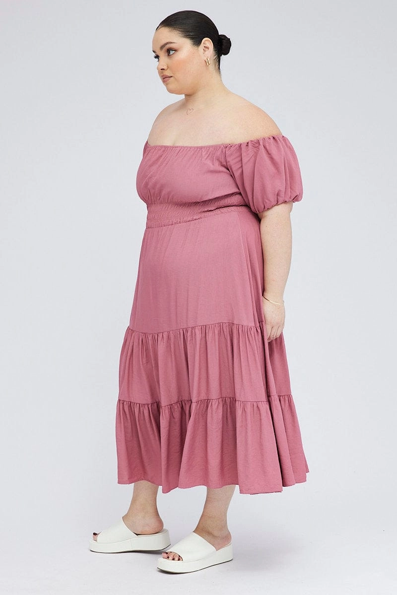 Minimal Touch Dreamy Look Pink Midi Dress Off Shoulder Elastic Waist Puff Sleeve