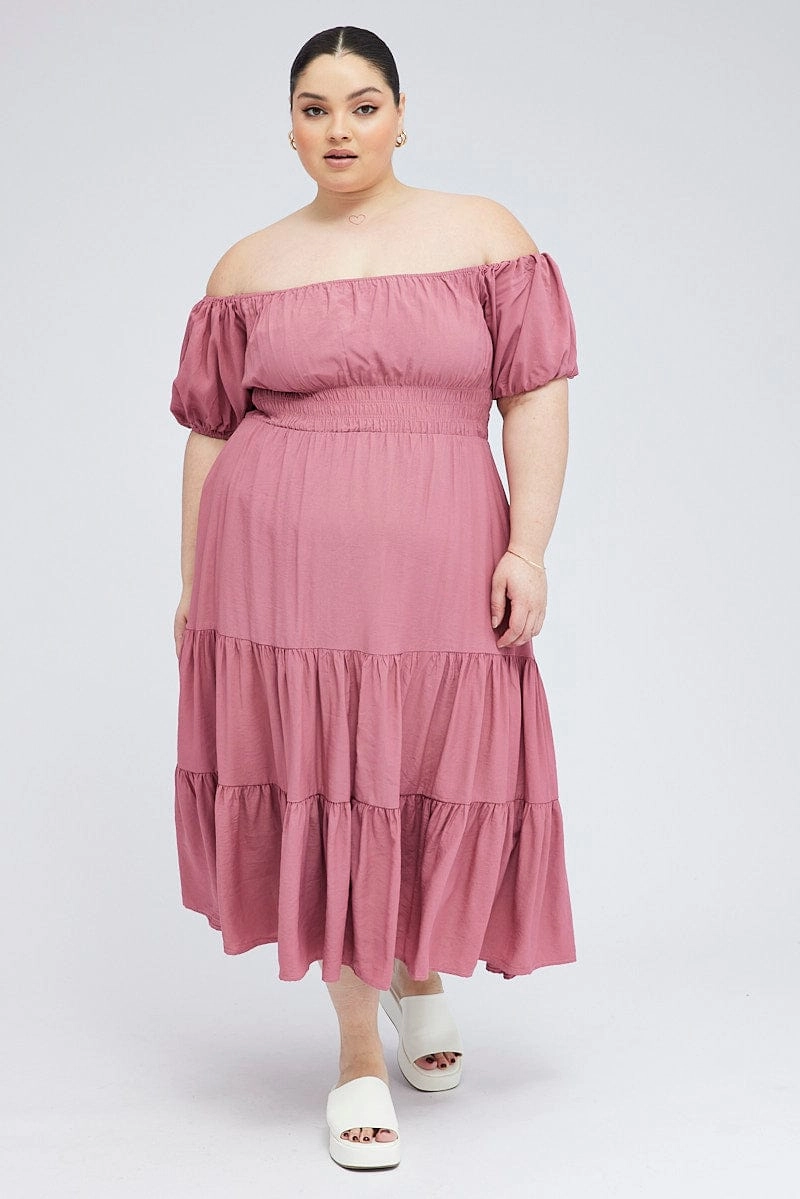 Pink Midi Dress Off Shoulder Elastic Waist Puff Sleeve Chic Look