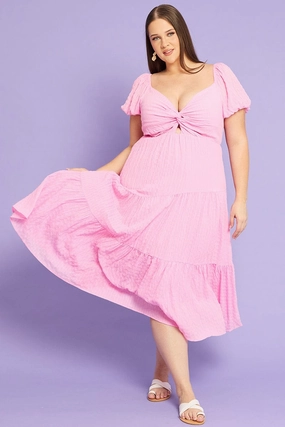 Pink Midi Dress Short Sleeve Cut Out Textured Layers