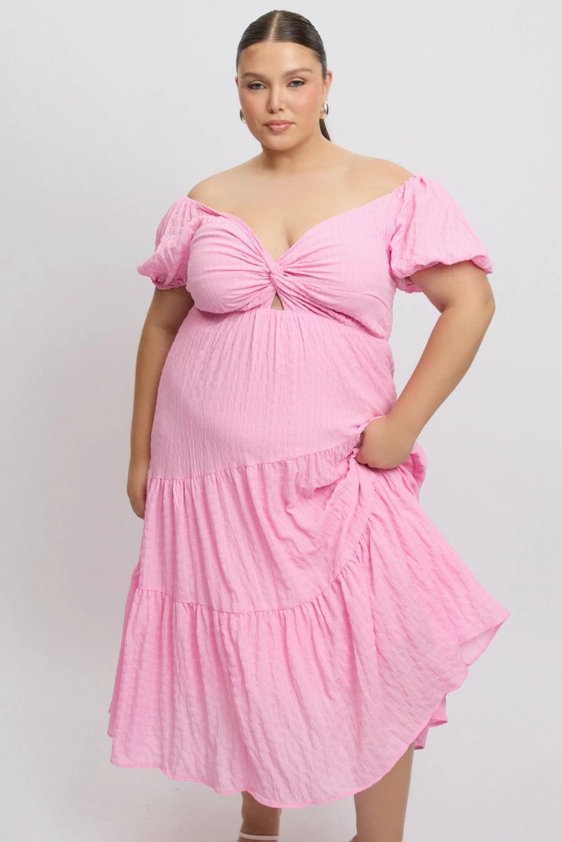 QuickDryTechnology Pink Midi Dress Short Sleeve Cut Out