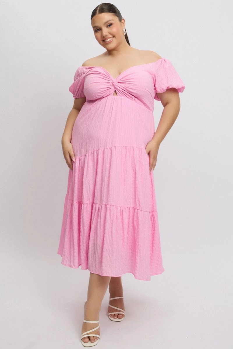 Pink Midi Dress Short Sleeve Cut Out Artistic Vibe