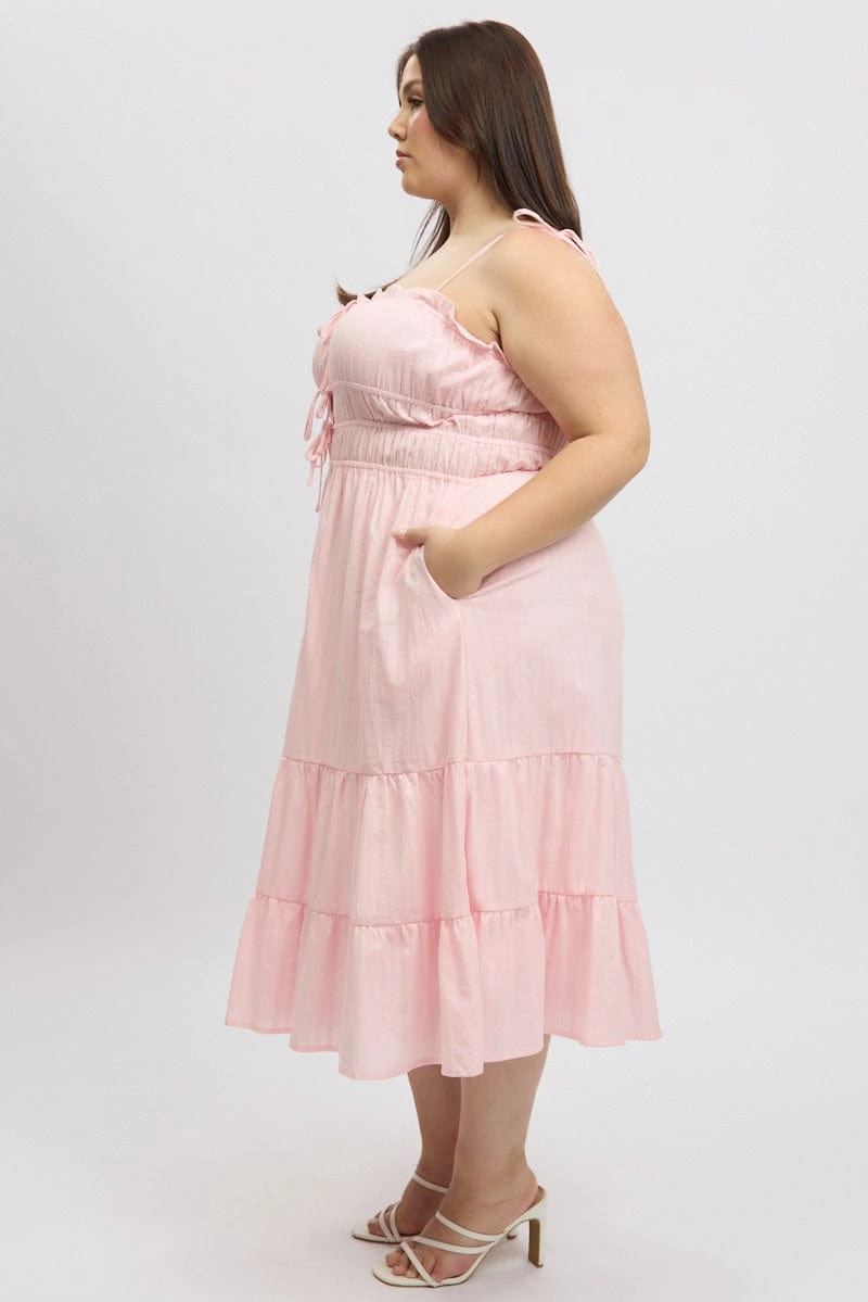 Pink Midi Dress Sleeveless Tie Front Tiered Textured QuickReleaseClasp Urban Motion