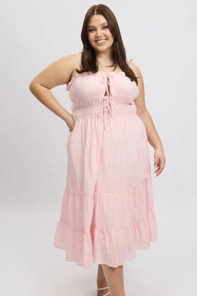 Pink Midi Dress Sleeveless Tie Front Tiered Textured Bohemian style