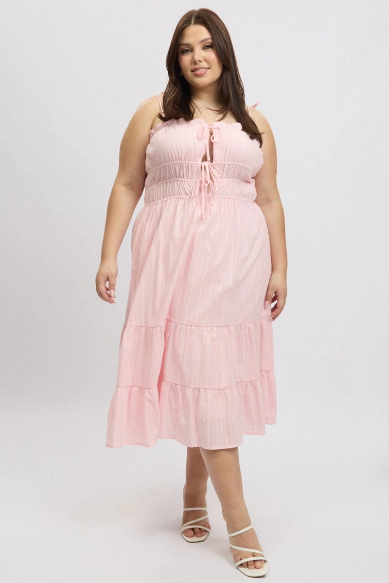 Pure Fit Pink Midi Dress Sleeveless Tie Front Tiered Textured