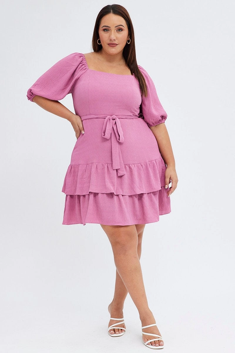 Life Soft Nature Bloom Pink Mini Dress Short Puff Sleeve Textured Waist Tie