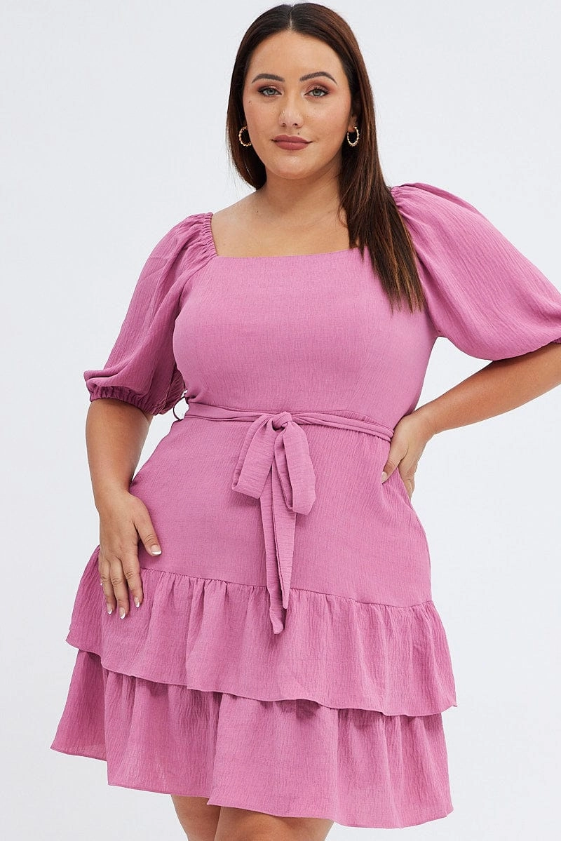 Pink Mini Dress Short Puff Sleeve Textured Waist Tie Chic Ensemble Luxe Mood