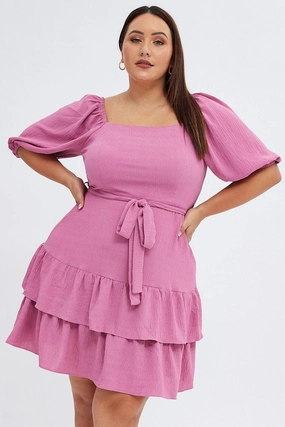 Practical-Style Pink Mini Dress Short Puff Sleeve Textured Waist Tie