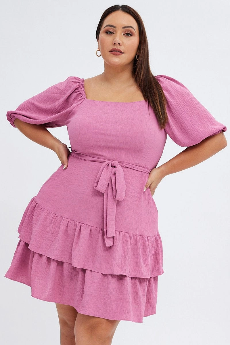 Practical-Style Pink Mini Dress Short Puff Sleeve Textured Waist Tie