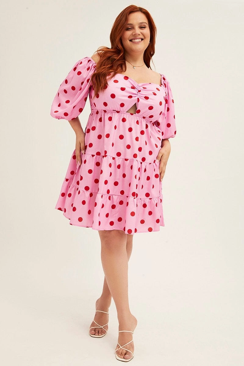 Nature Bloom Pink Polka Dot Mini Dress Puff Sleeve Gather Front Peephole