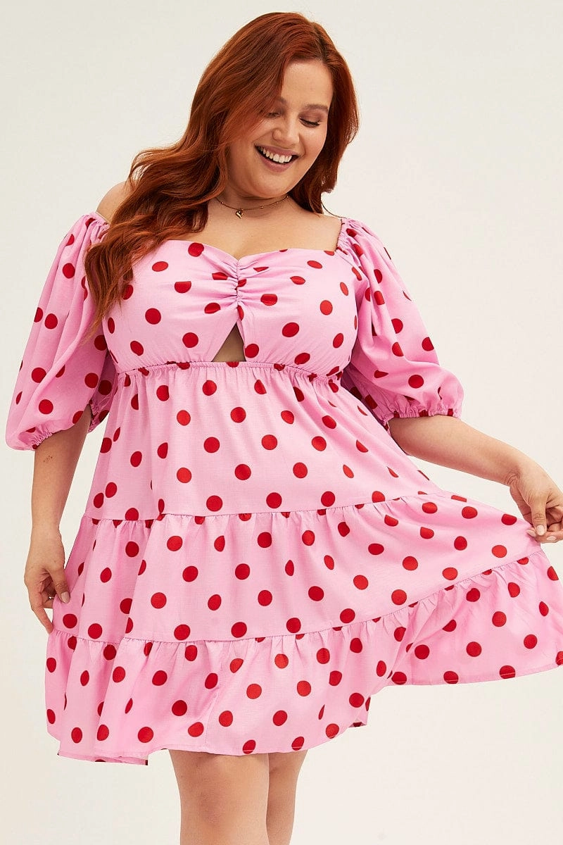 Pink Polka Dot Mini Dress Puff Sleeve Gather Front Peephole packable