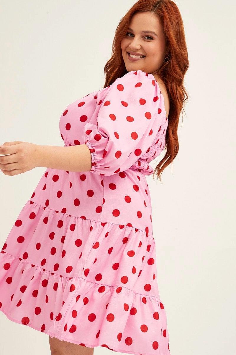 Basic essential Quilted-Texture Pink Polka Dot Mini Dress Puff Sleeve Gather Front Peephole
