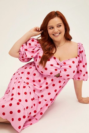 Pink Polka Dot Mini Dress Puff Sleeve Gather Front Peephole Tailored-fit Adjustable-Length