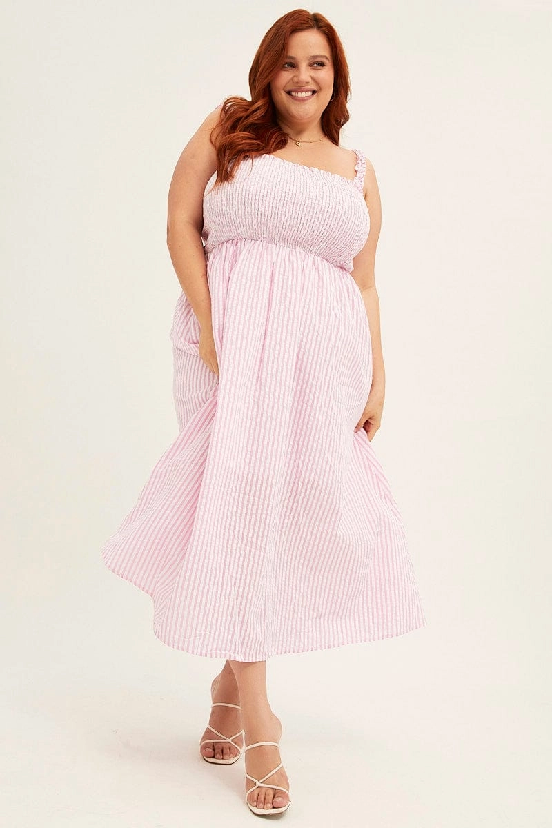 Soft Fit Wear Comfortable and Flattering Pink Stripe Midi Dress Frill Shoulder Sleeveless Shirred Bust