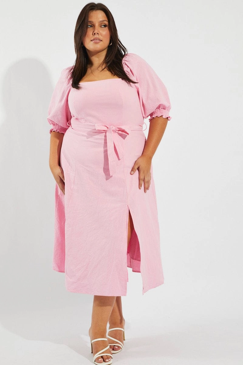 Pink Tie Puff Sleeve Midi Dress Smooth Outline Event Glow