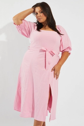 Tailored Mood Pink Tie Puff Sleeve Midi Dress