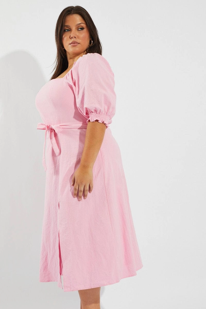 Pink Tie Puff Sleeve Midi Dress Effortless Touch Winter-Season