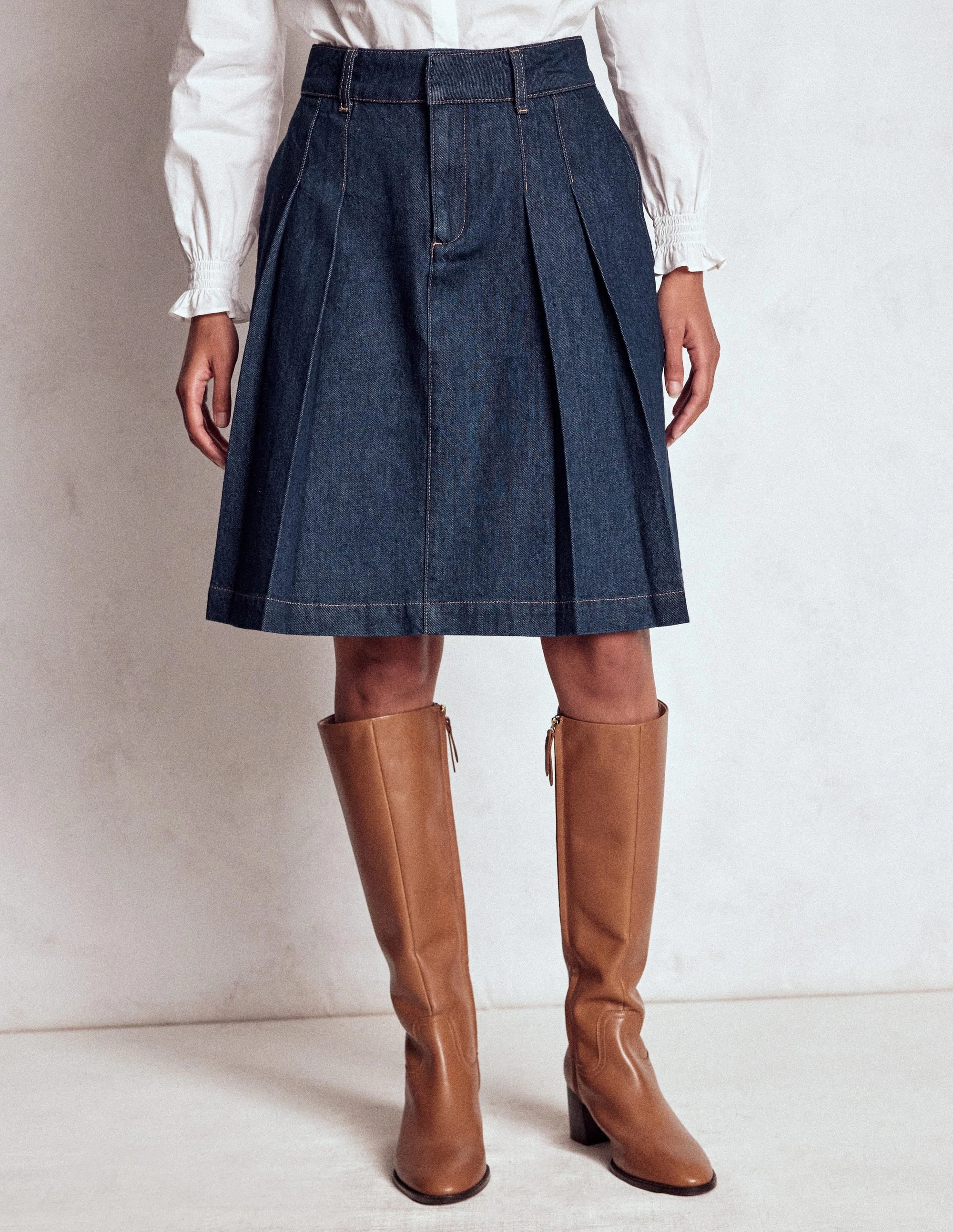 Comfort Wear Pleated Denim Skirt-Indigo