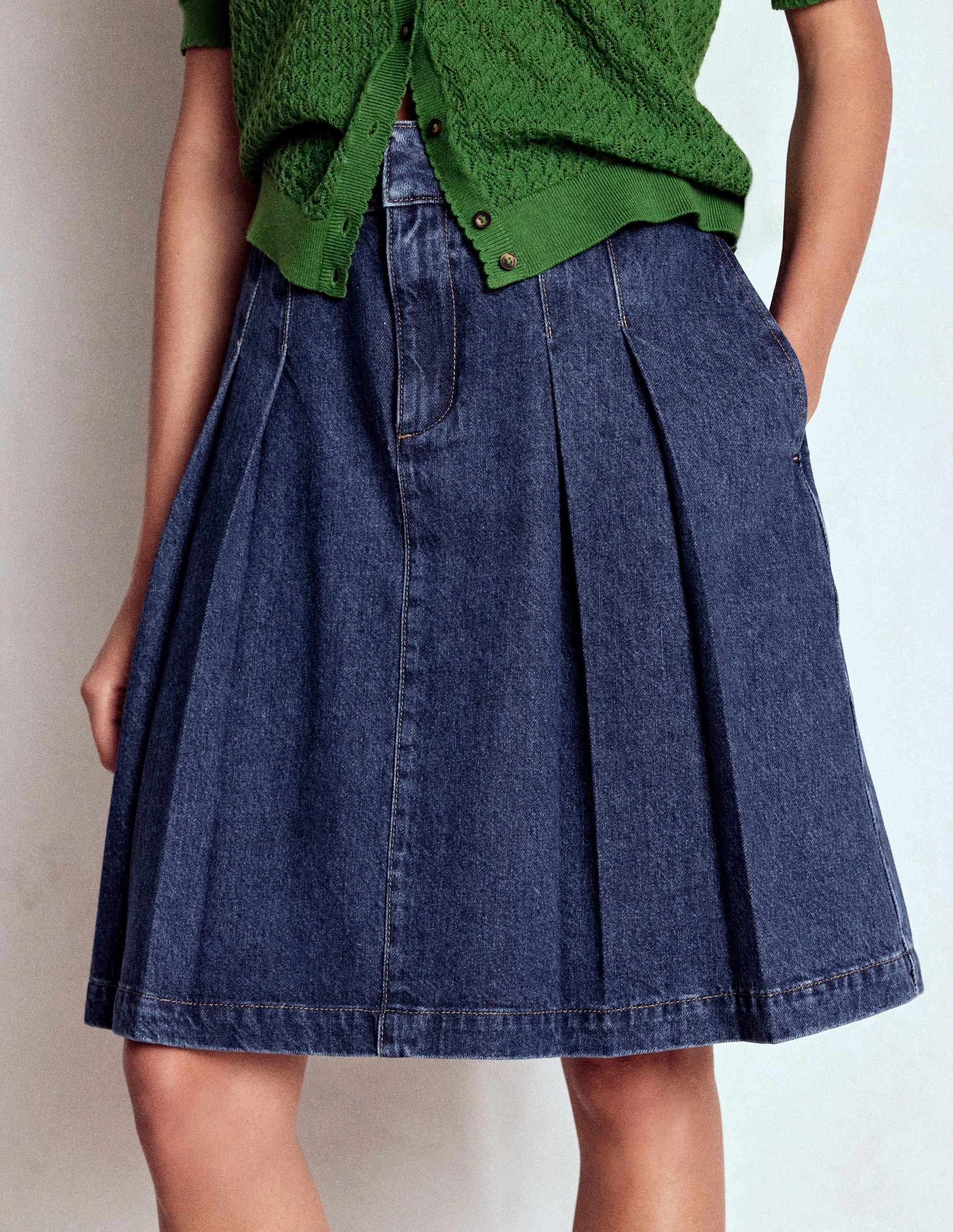 Modest Wear Pleated Denim Skirt-Mid Wash