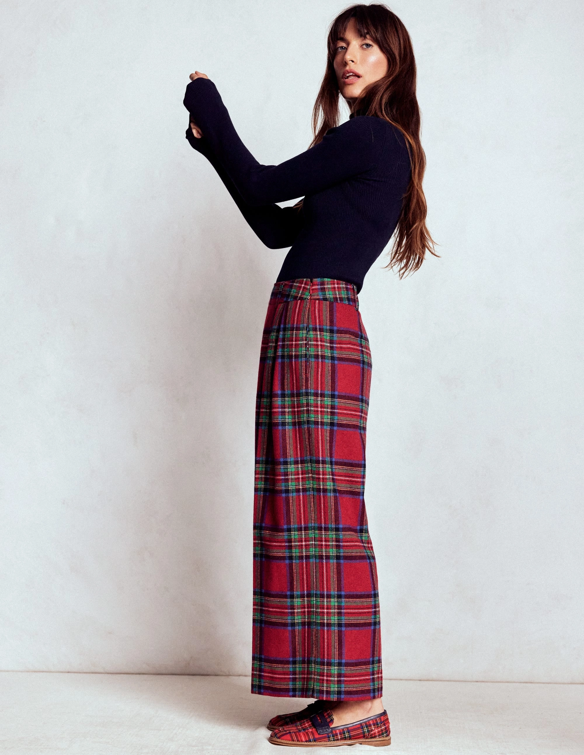 ExpandableSidePanels Pleated Wool Culottes-Red, Blue and Green Check