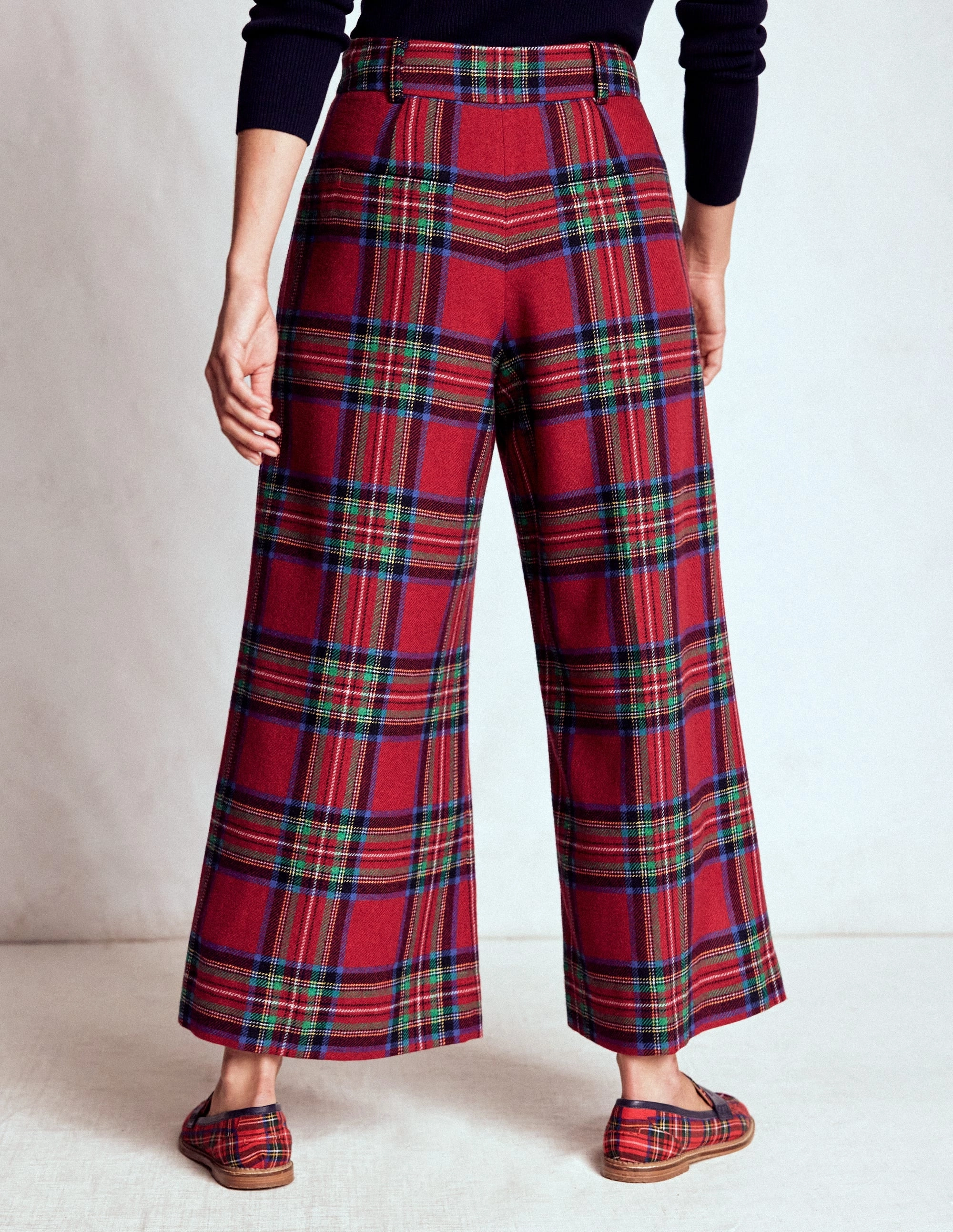 Organic Cotton Blend Pleated Wool Culottes-Red, Blue and Green Check