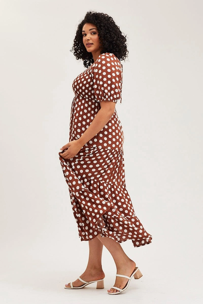 Simple Yet Elegant Polka Dot Maxi Dress Round Neck Puff Sleeve Shirred