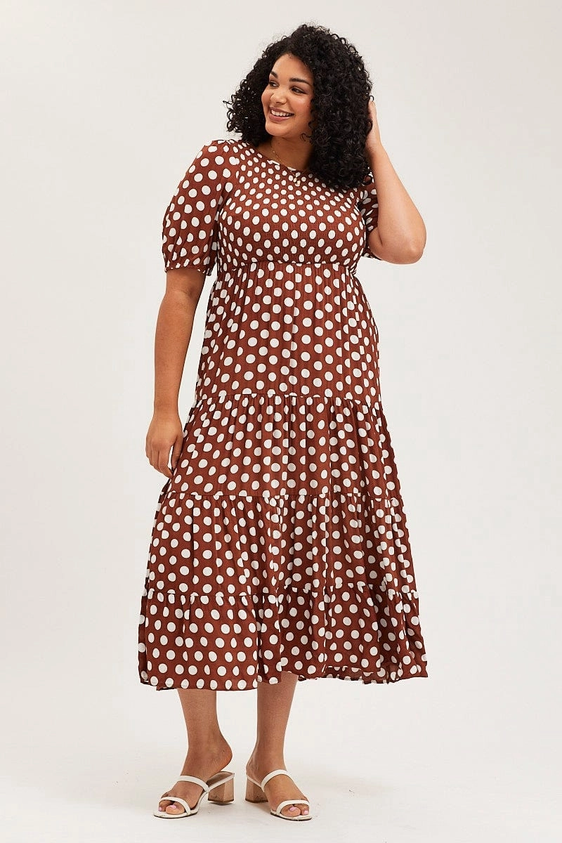 Airy Comfort Polka Dot Maxi Dress Round Neck Puff Sleeve Shirred