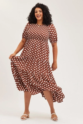 Silky Finish Polka Dot Maxi Dress Round Neck Puff Sleeve Shirred