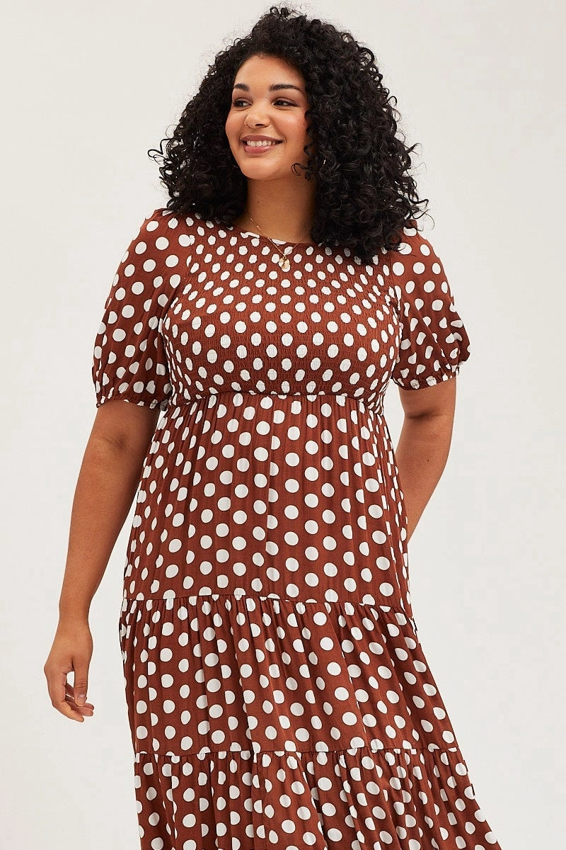 Polka Dot Maxi Dress Round Neck Puff Sleeve Shirred Relax Draping Breathable wear