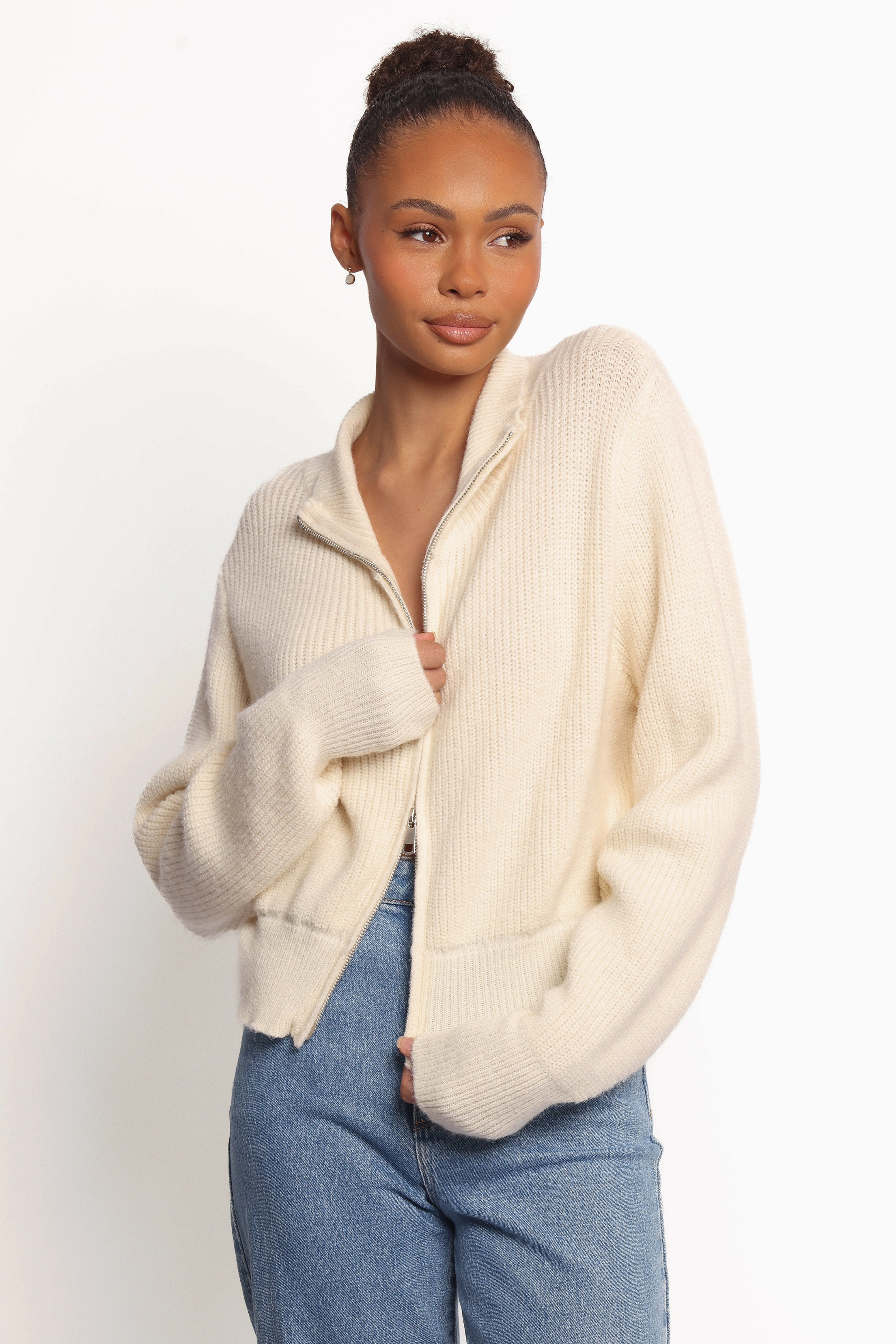 Kourtney Zip Cardigan - Cream Adjustable Cuff Non Irritating Edging