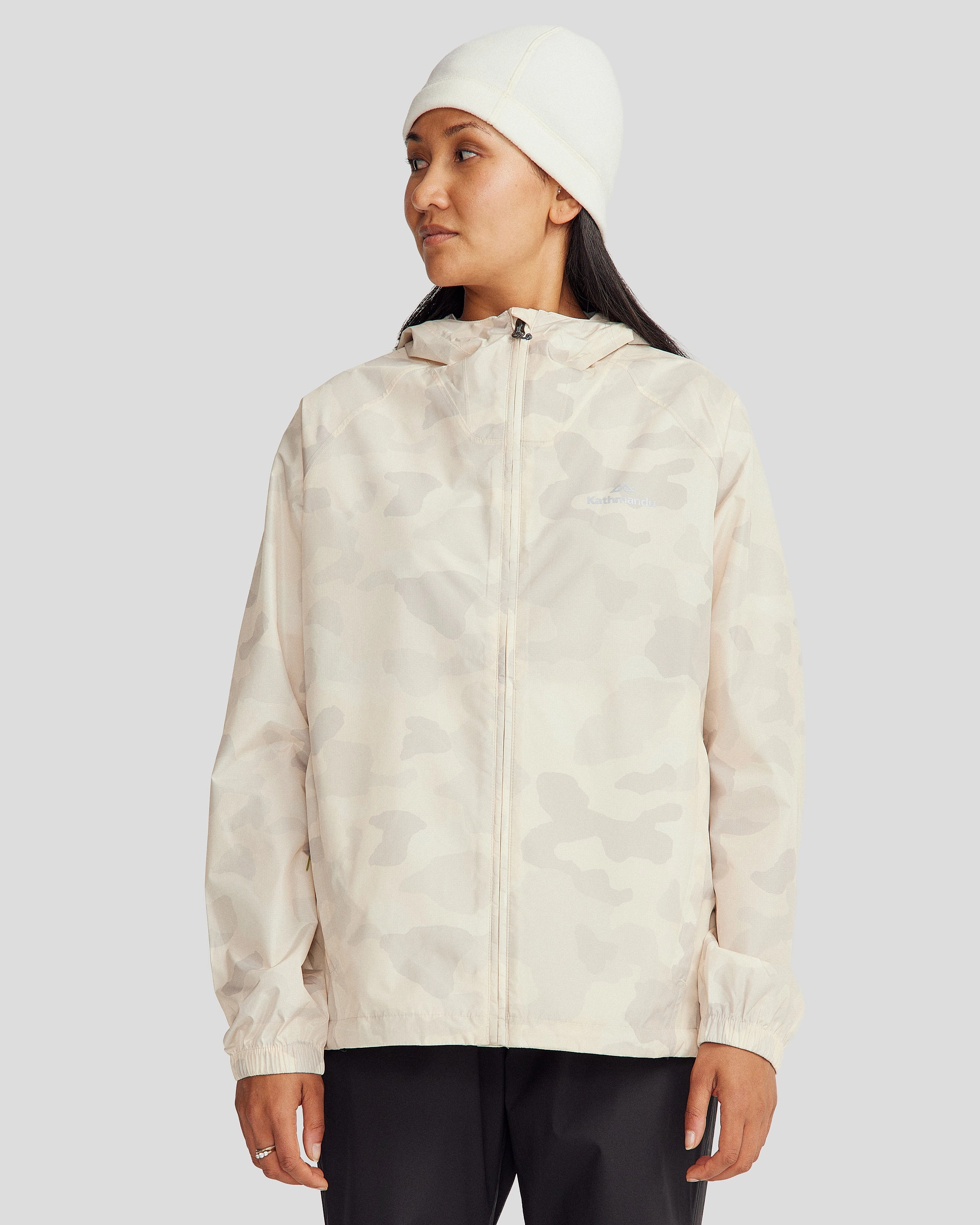 Pocket-it 2L Women's Rain Jacket v4 - Natural Tree Camo Print Flexible Joint Mobility Mild Weather Layer