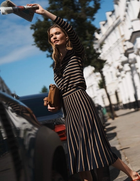 Non Restrictive Curve Friendly Liz Knitted Midi Skirt-Navy and Camel Stripe