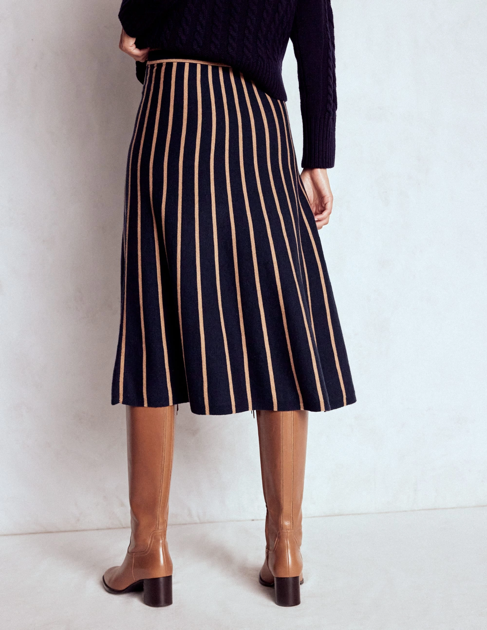 Liz Knitted Midi Skirt-Navy and Camel Stripe Bold Mood beaded embellishment