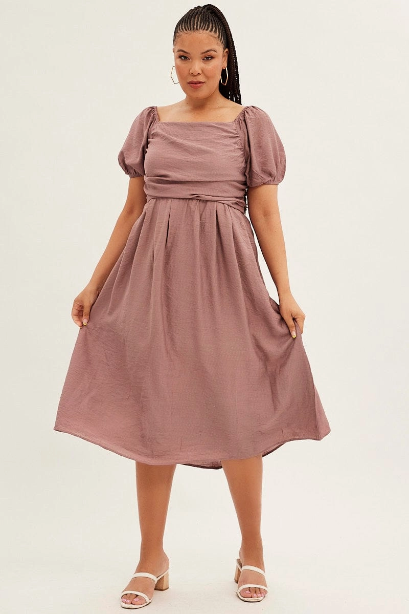 Pink Midi Dress Puff Sleeve Square Neck Lined Textured Subtle Touch Effortless Fit