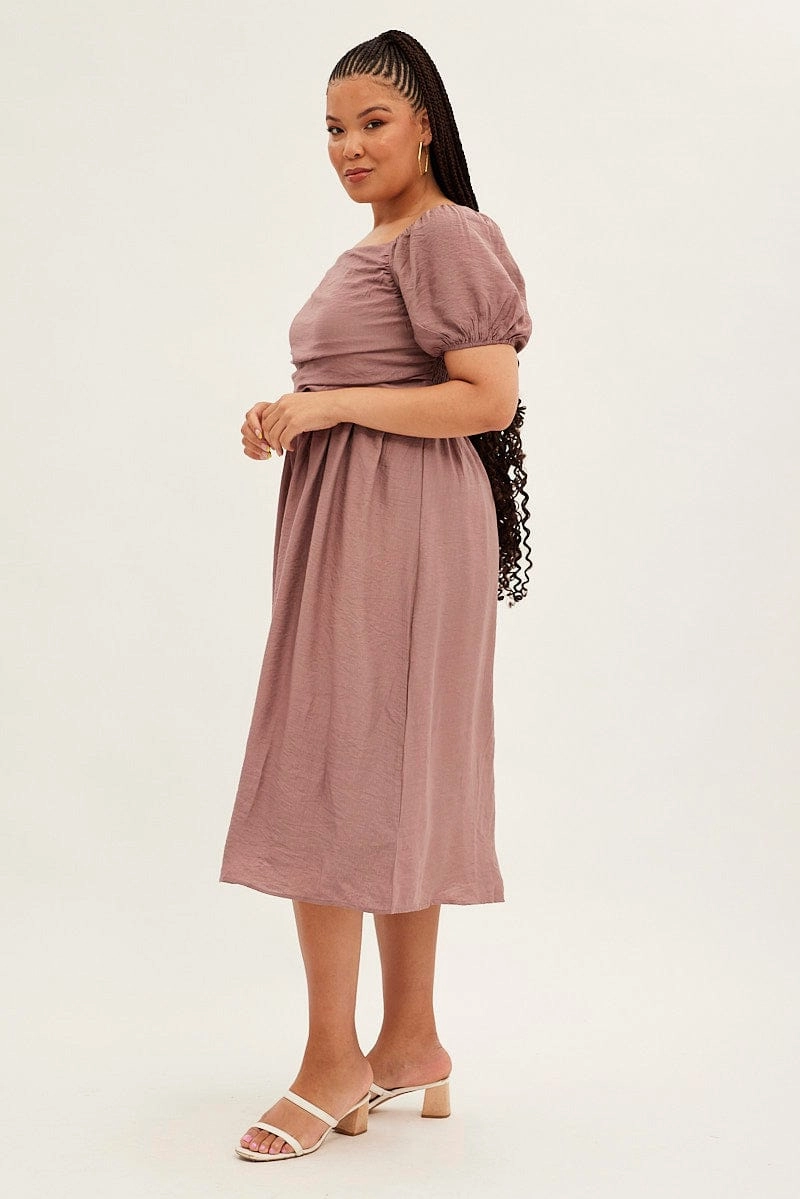 Side Tie Pink Midi Dress Puff Sleeve Square Neck Lined Textured