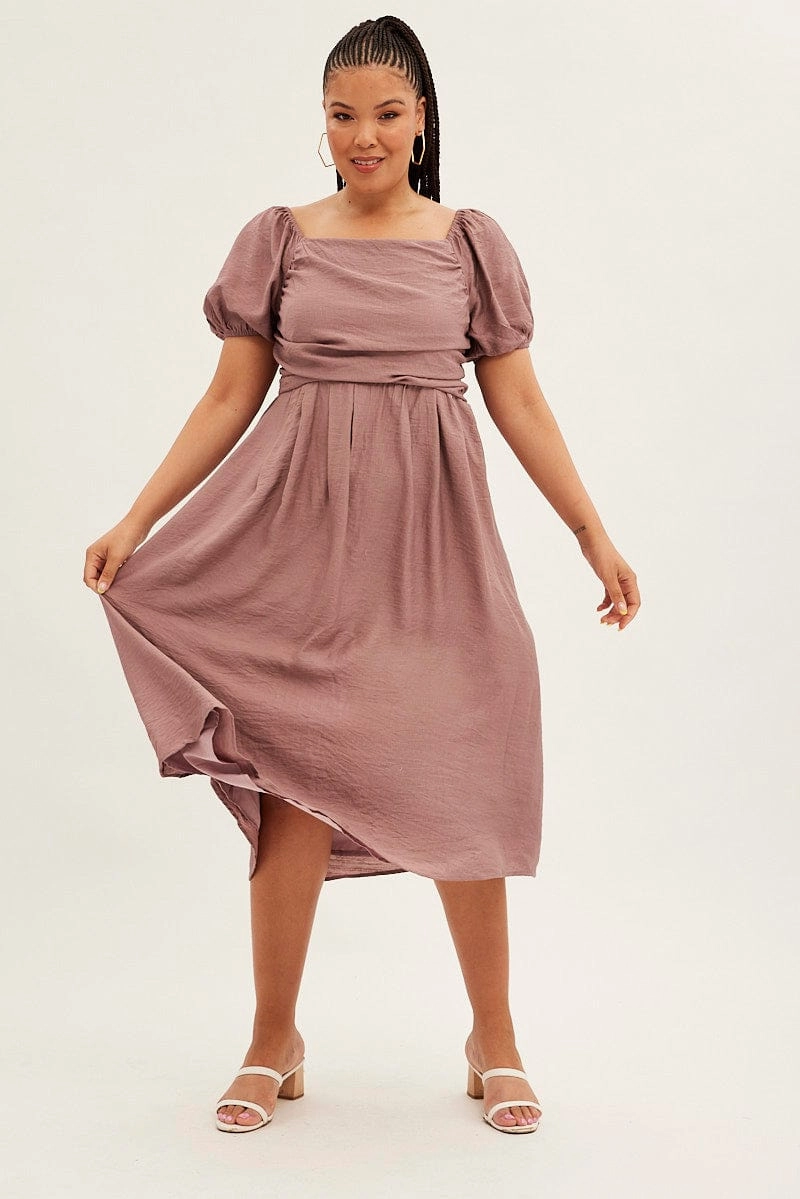 Snag-Resistant Flattering Silhouette Wear Pink Midi Dress Puff Sleeve Square Neck Lined Textured