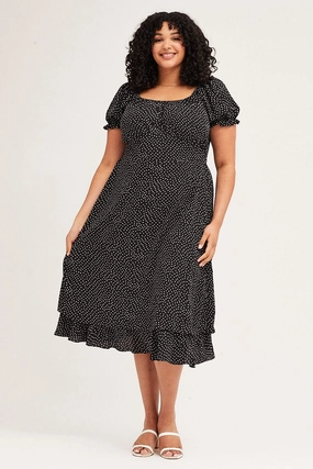 Night Style Comfortable Waist Design Fit Polka Dot Short Sleeve Tie Back Midi Dress