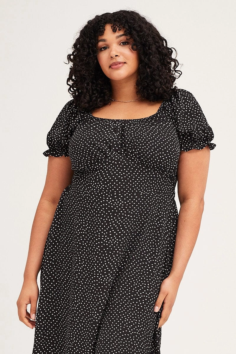 Sharp Edge Polka Dot Short Sleeve Tie Back Midi Dress