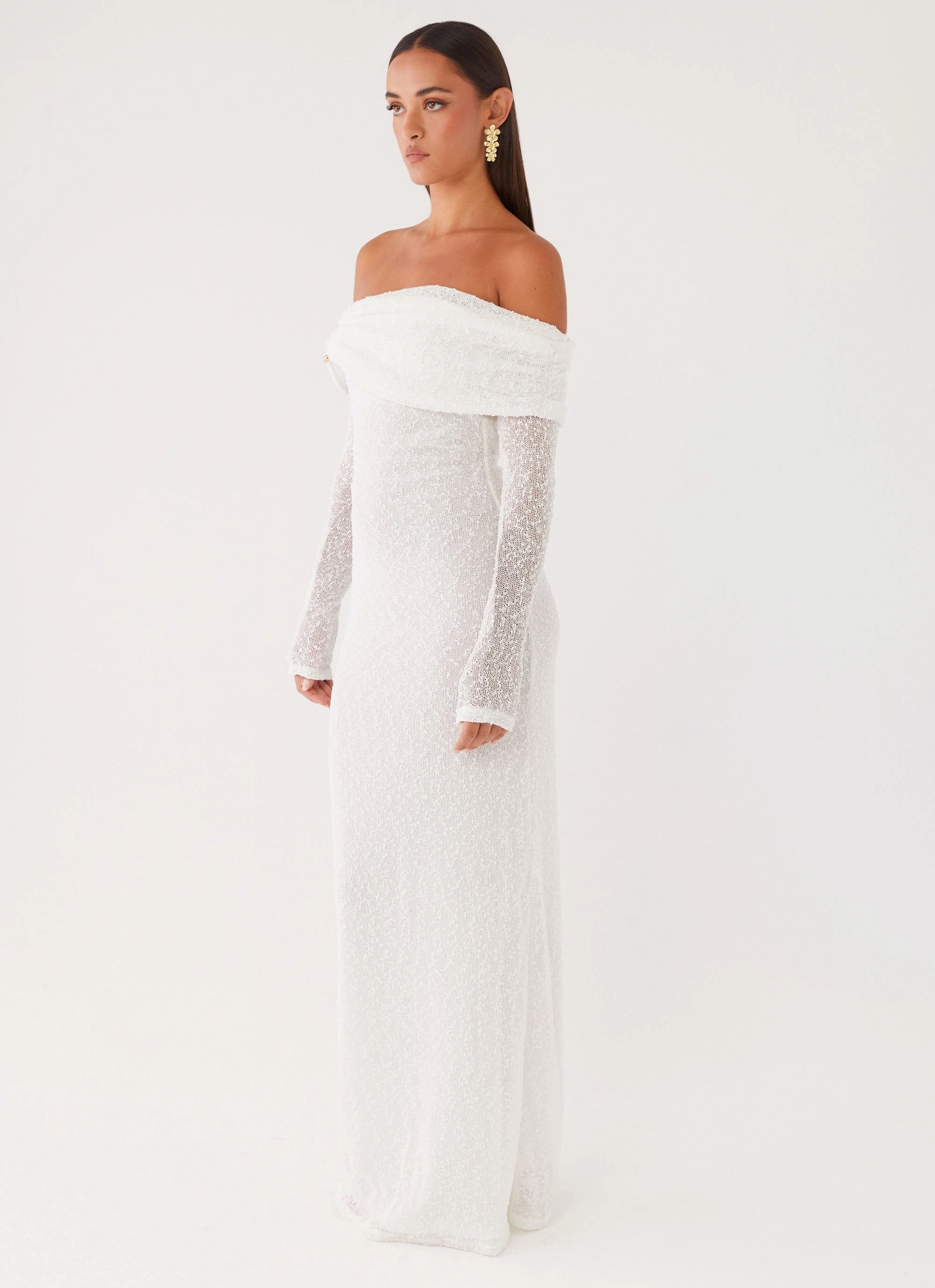 Pollyanna Knit Hardware Maxi Dress - Ivory Puff-Sleeve FoldablePackaging